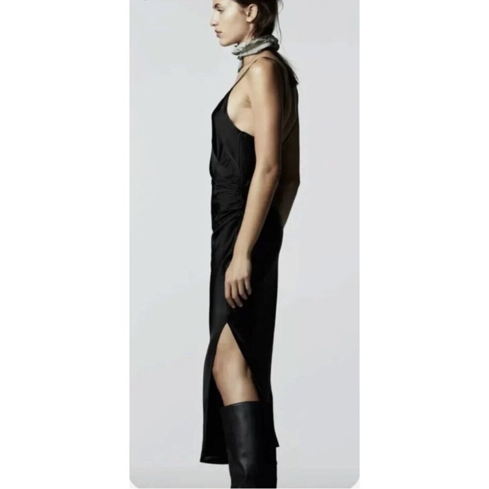 Zara Side Ruched Midi Slip Dress Satin Effect Black Straps Sleek Party Small - Picture 4 of 16